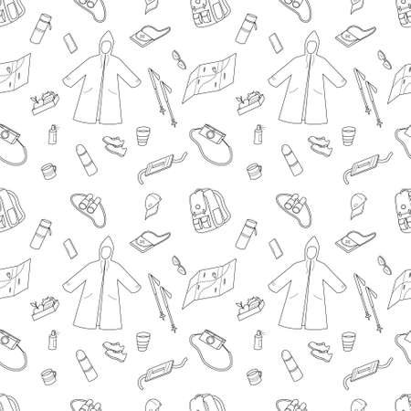 Seamless pattern with clothes and accessories for hiking, trekking, travel. Vector illustration in line art style.のイラスト素材