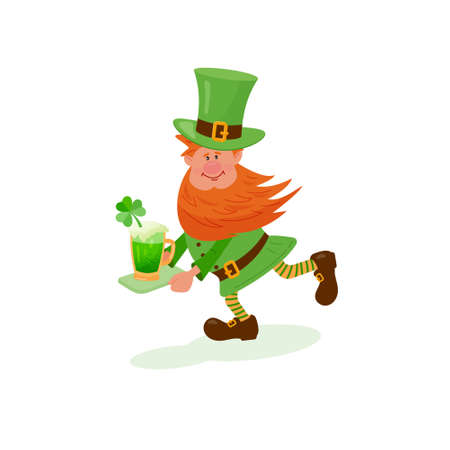 Cheerful gnome carries a tray with a glass of beer for St. Patrick's Day. Vector color isolated illustration.のイラスト素材