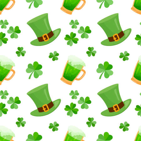 St.Patrick's Day seamless pattern with clovers, hat and glass of beer. Vector color illustration on the white background.のイラスト素材