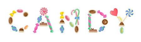 Candy lettering composition with caramel and brown chocolate candies. Vector color isolated illustration.のイラスト素材