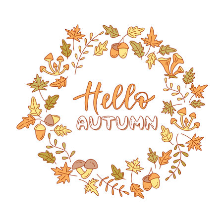 Circular autumn pattern with lettering, maple, oak leaves, acorns, mushrooms. Isolated illustration in outline style.のイラスト素材