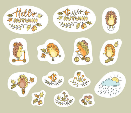 Set of stickers with hedgehogs and autumn elements.Vector color illustration in outline styleのイラスト素材
