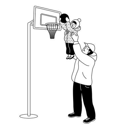 Father with little daughter playing basketball. Vector illustration in outline styleのイラスト素材