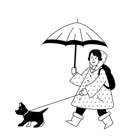 Girl is walking the dog.Vector illustration in outline styleのイラスト素材