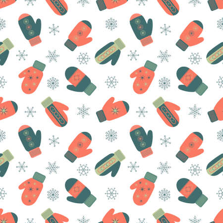 Seamless pattern with mittens and snowflakes. Vector color illustration on the white background.のイラスト素材