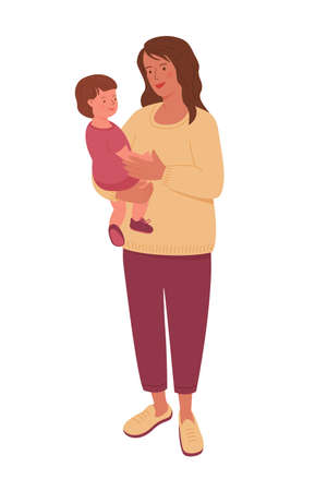 Standing woman holds a child in her arms. Vector color isolated illustration.のイラスト素材