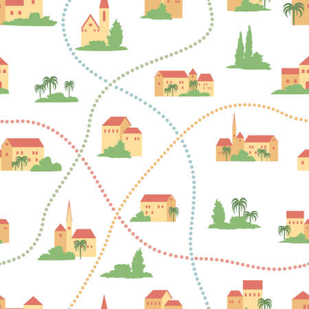 Seamless pattern with old houses and trees. Vector illustration.のイラスト素材