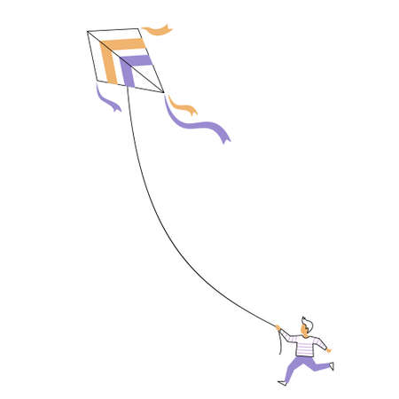 Child flying kite. Vector isolated color illustration in flat line art styleのイラスト素材