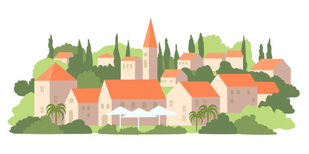 Old town landscape on the hill. Houses with red roofs. Vector color isolated illustration.のイラスト素材