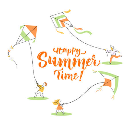 Summer lettering composition with children flying kites. Vector color isolated illustration in flat line art style.のイラスト素材