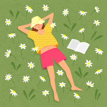 Girl lies on grass with daisies. Vector color illustration in flat style with texture.のイラスト素材