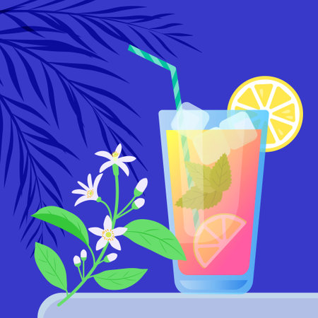 Glass of pink lemonade with the branch of lemon tree. Vector colorful illustration in flat style on the dark blue background.のイラスト素材