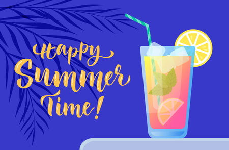 Lettering composition with glass of pink lemonade. Vector colorful illustration in flat style on the dark blue background.のイラスト素材