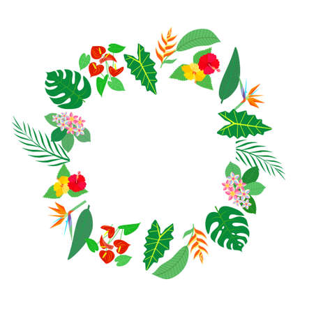 Circular frame of tropical flowers.Vector isolated colorful illustration in flat style.のイラスト素材