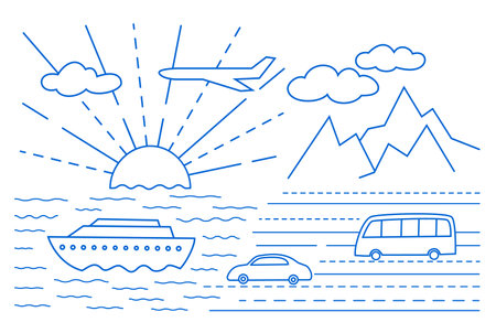 Line art landscape with ship, car and bus. Vector illustration on the white backgroundのイラスト素材