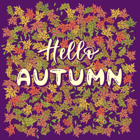Autumn lettering on the oak and maple leaves background. vector color illustration.のイラスト素材