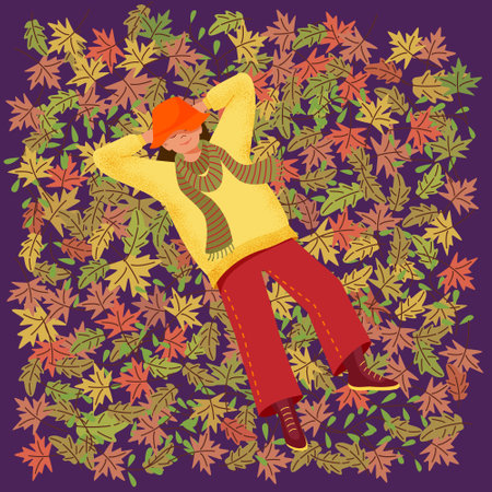 Girl lies on autumn leaves. Vector color illustration in flat style with texture.のイラスト素材