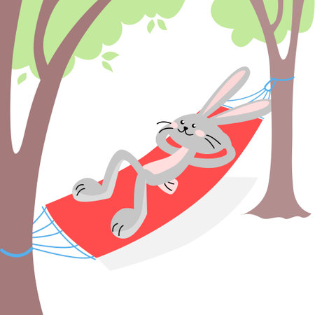 Happy rabbit resting in hammock in the garden. Vector isolated colorful illustration in flat style.のイラスト素材