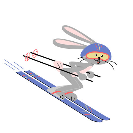 Happy rabbit skiing downhill. Vector isolated colorful illustration in flat style.のイラスト素材