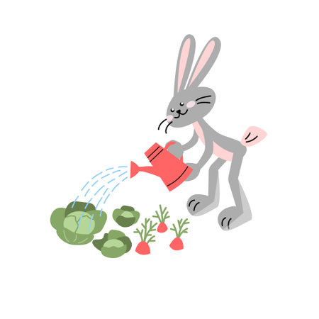 Happy rabbit watering vegetables. Vector isolated colorful illustration in flat style.のイラスト素材