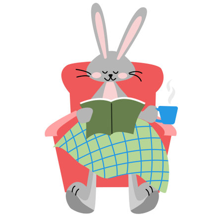 Funny rabbit reads a book and drinks a tea sitting in the chair. Vector color isolated illustration in flat style.のイラスト素材