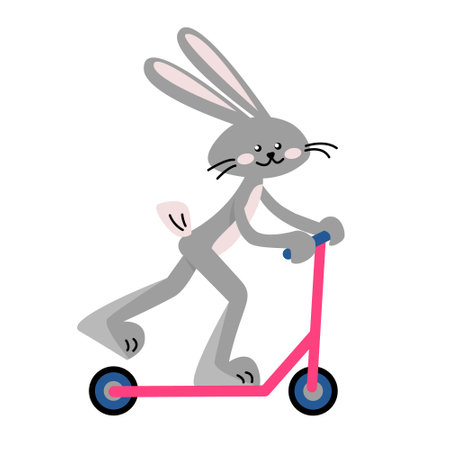 Funny rabbit rides a scooter. Vector color isolated illustration in flat style.のイラスト素材