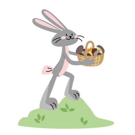 Funny rabbit stands on the hill with a basket of the mushrooms. Vector color isolated illustration in flat style.のイラスト素材