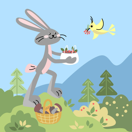 Funny rabbit stands on the hill with a basket of the berries. Vector color illustration in flat style.のイラスト素材