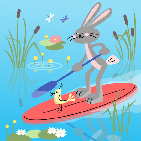 Happy rabbit is paddling with paddle board on the water. Sup boarding outdoor activity. Vector colorful illustration in flat style.のイラスト素材