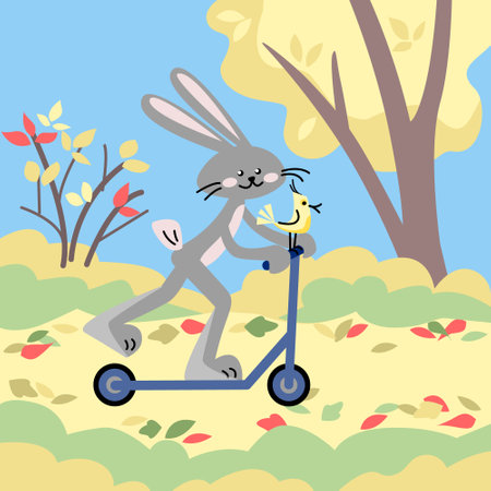 Funny rabbit rides a scooter. Vector color illustration in flat style.のイラスト素材