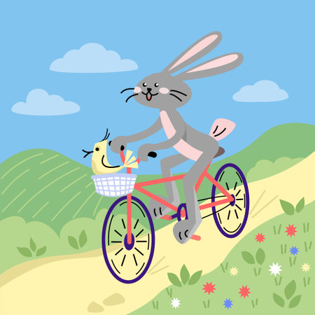 Happy rabbit and bird ride a bike. Vector colorful illustration in flat style.のイラスト素材