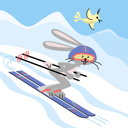 Happy rabbit skiing downhill. Vector colorful illustration in flat style.のイラスト素材