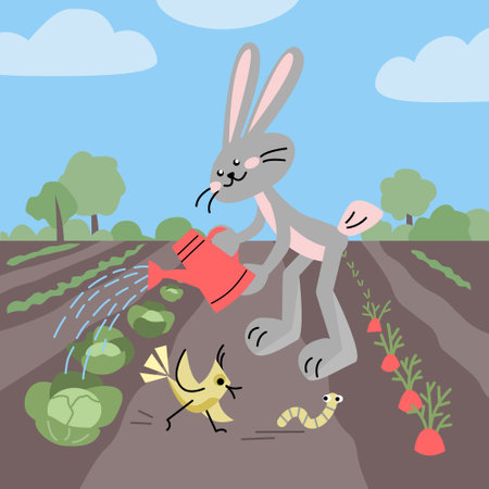 Happy rabbit watering vegetables. Vector colorful illustration in flat style.のイラスト素材