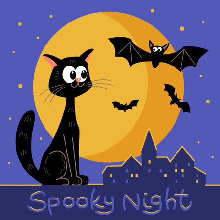 A black cat looks at a bat against the full moon. Vector color illustration with lettering.のイラスト素材