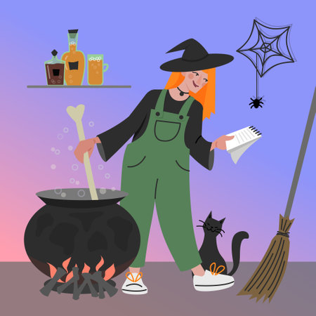 Red-haired witch brews beer looking at the recipe in a notebook.Vector color illustration.のイラスト素材