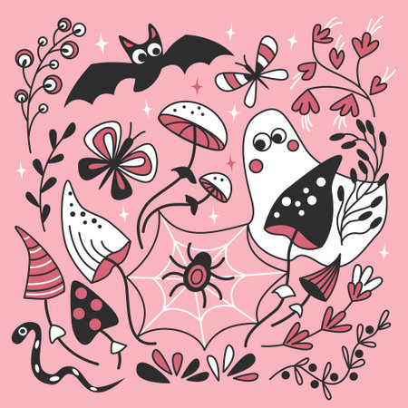 Greeting card for Halloween with ghost and bat in pink color. Vector illustration in doodle style.のイラスト素材