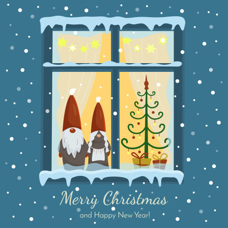 Winter evening window with gnomes and christmas tree. vector color illustrationのイラスト素材