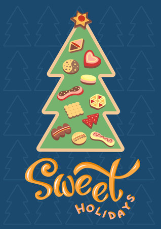 Greeting card with cookies in tree shape and lettering. Can be used for winter holidays. vector color illustration.のイラスト素材