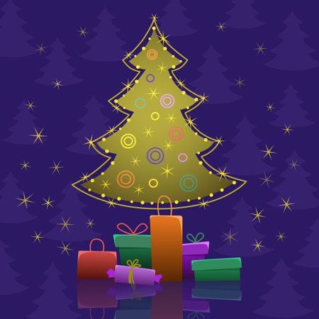 Greeting card with Christmas tree and gifts. Vector color illustration for winter holidays.のイラスト素材