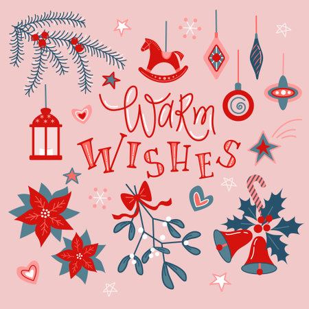 Greeting card with winter holiday wishes. Vector color illustration on pink background.のイラスト素材
