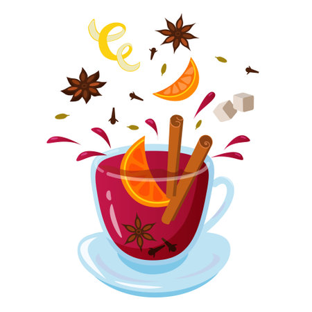 A cup of mulled wine with a splash of spices. Vector color isolated illustration.のイラスト素材