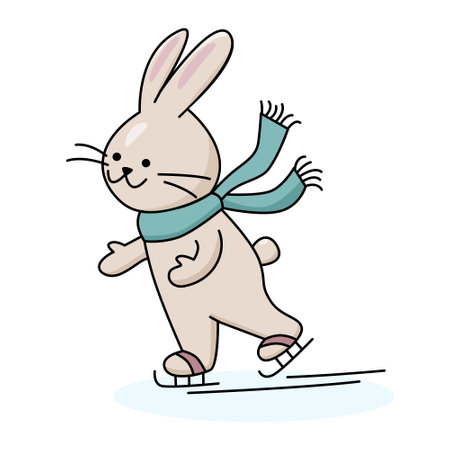 Cute bunny on skates. Vector color isolated illustration in outline style with winter outdoor activity.のイラスト素材
