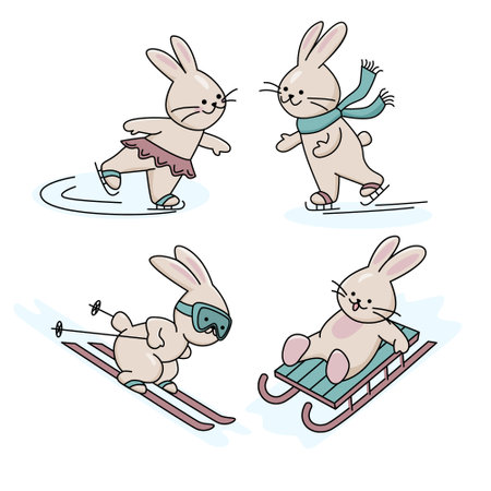 Set of sports cute bunnies. Vector color isolated illustration in outline style with outdoor winter activity.のイラスト素材