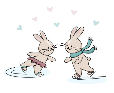 Bunny boy and bunny girl are ice skating. Vector color isolated illustration in outline style.のイラスト素材