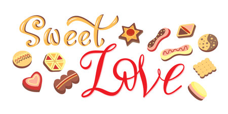 Sweet Love lettering with cookies. Vector color isolated illustration.のイラスト素材