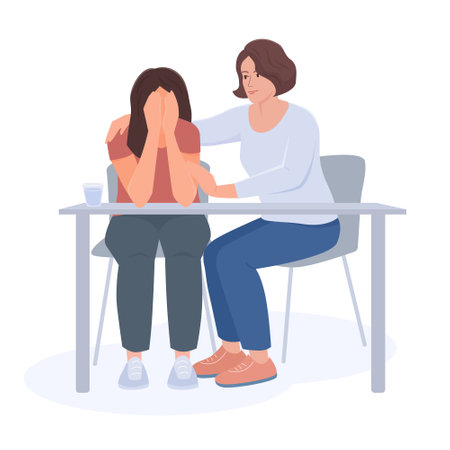 One woman supports another woman in sadness.Vector color isolated illustration.のイラスト素材