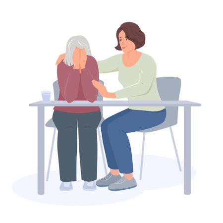 Young woman consoles senior woman in sadness.Vector color isolated illustration.のイラスト素材