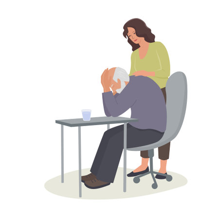 Young woman consoles senior man in sadness.Vector color isolated illustration.のイラスト素材