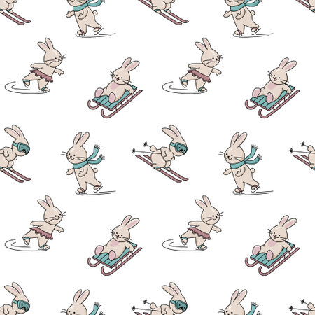 Seamless winter pattern with cute bunnies. Vector color illustration on the white background.のイラスト素材