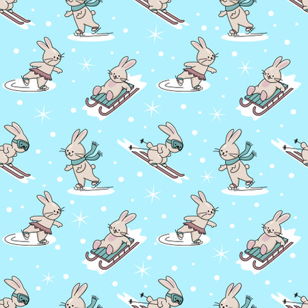 Seamless winter pattern with cute bunnies. Vector color illustration on the blue background.のイラスト素材